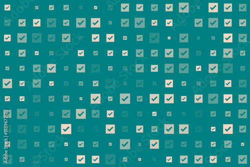 Seamless pattern of varying size checkmarks in squares on a teal background, representing approval and completion.