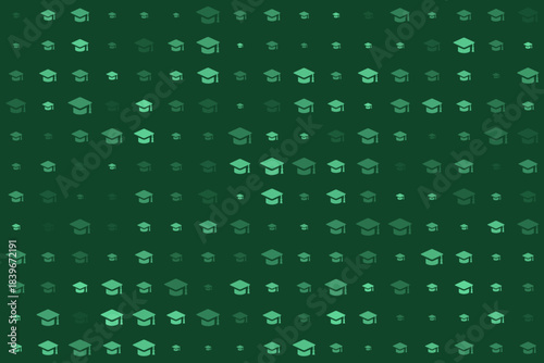 Seamless pattern of green graduation caps in varying sizes and shades on a dark background, representing education and academic achievement.