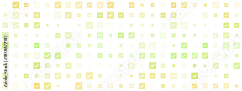 Abstract digital pattern of glowing green and yellow checkmarks within squares on a dark background, symbolizing success, completion, and verification in a modern technological context.