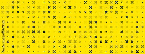 Vibrant yellow seamless pattern with scattered dark cross shapes and varying opacity for modern design
