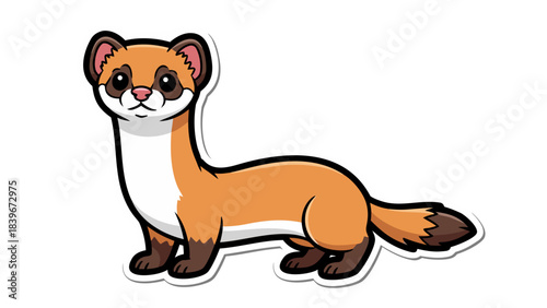 Cartoon Illustration Of A Ferret Standing On A Black Background White Outline Cute Animal With Brown Fur White Chest Black Eyes And Pink Nose Small Mammal With A Long Body And Tail