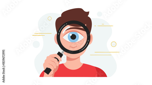 Cartoon Person Holding Magnifying Glass To Eye With Blue Iris Showing Detailed Close-up Observation And Scientific Research Concept