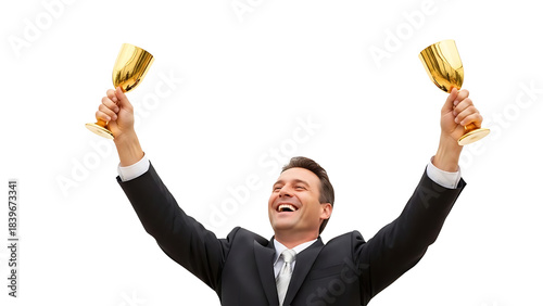 A man holding up two golden goblets with joy and pride