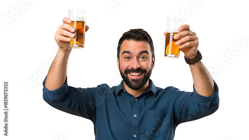 A man joyfully holds up two glasses of refreshing beer, exuding happiness and cheer. The light enhances the golden hue of the beer, creating a feeling of relaxation and enjoyment.