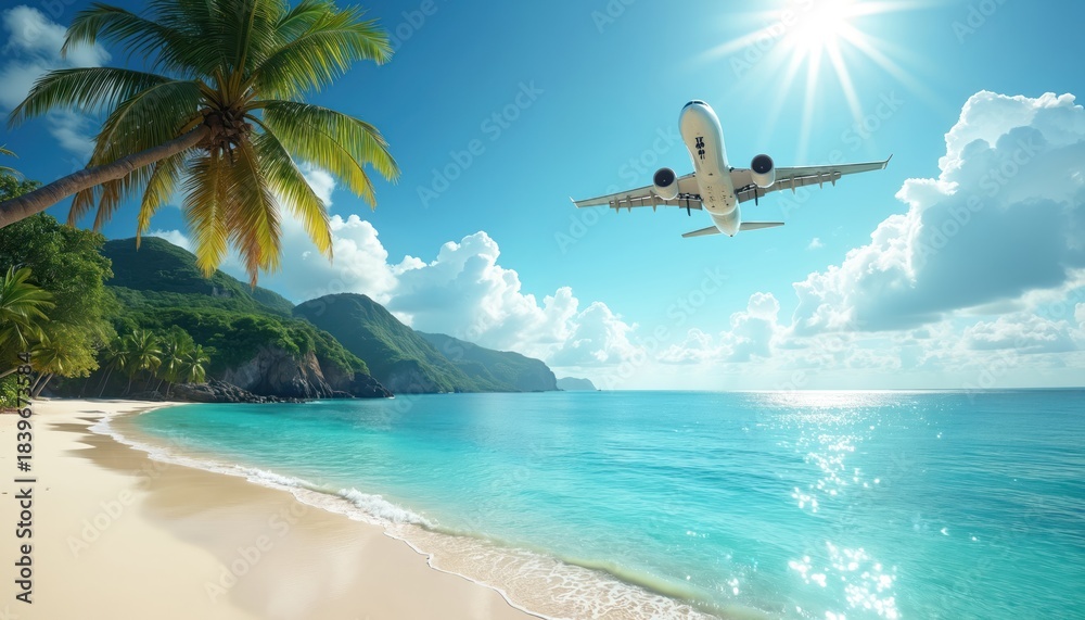 Obraz premium Airplane flies over beautiful tropical island beach and ocean. White sand shore, lush green mountains, clear turquoise water, palm trees sway in sunny sky.