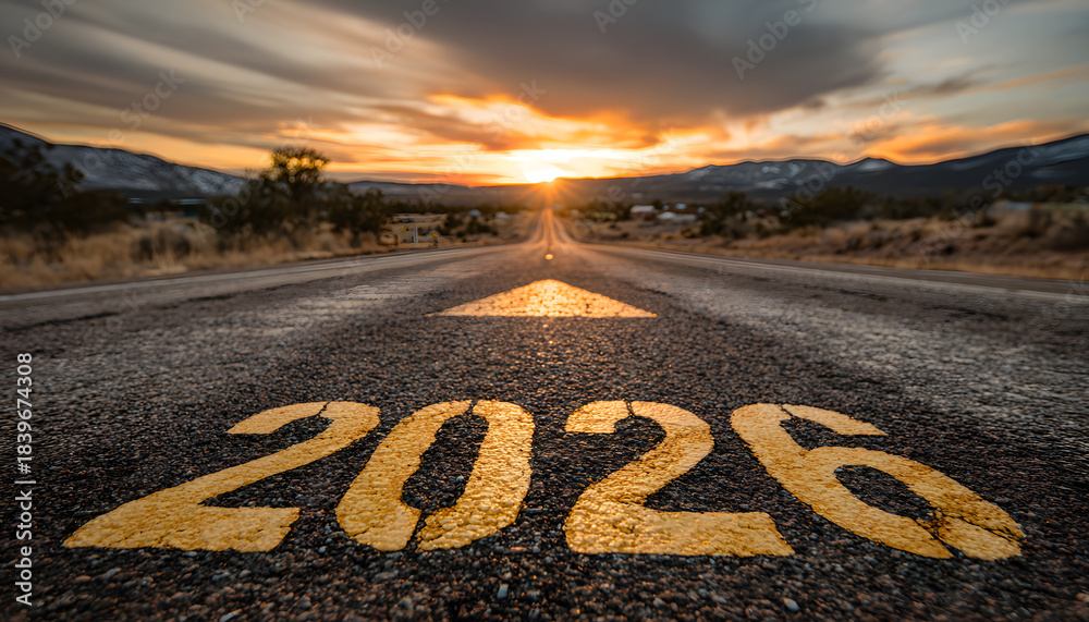 Naklejka premium Looking ahead to 2026: A road to future vision. The image features an arrow pointing the road towards 2026 with a beautiful sky and mountains in background.