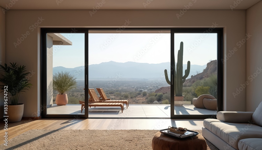 Obraz premium Modern living room opens to expansive desert view with mountains. Sliding glass doors reveal patio with lounge chairs and large cactus. Sunlit space blends indoor outdoor living.