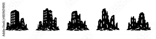 City skyline silhouette icons set, urban buildings and downtown panoramas