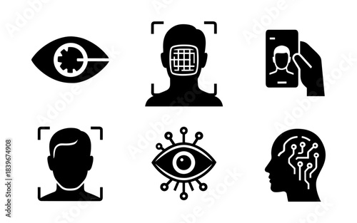 Biometric security silhouette icons set, face scan and digital identity