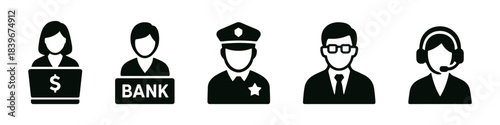 Banking staff silhouette icons set, finance team and customer service