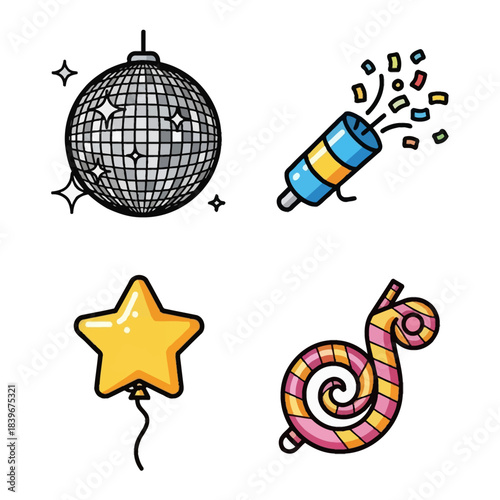 Collection of colorful party celebration items including a disco ball, party popper, star balloon, and party horn.