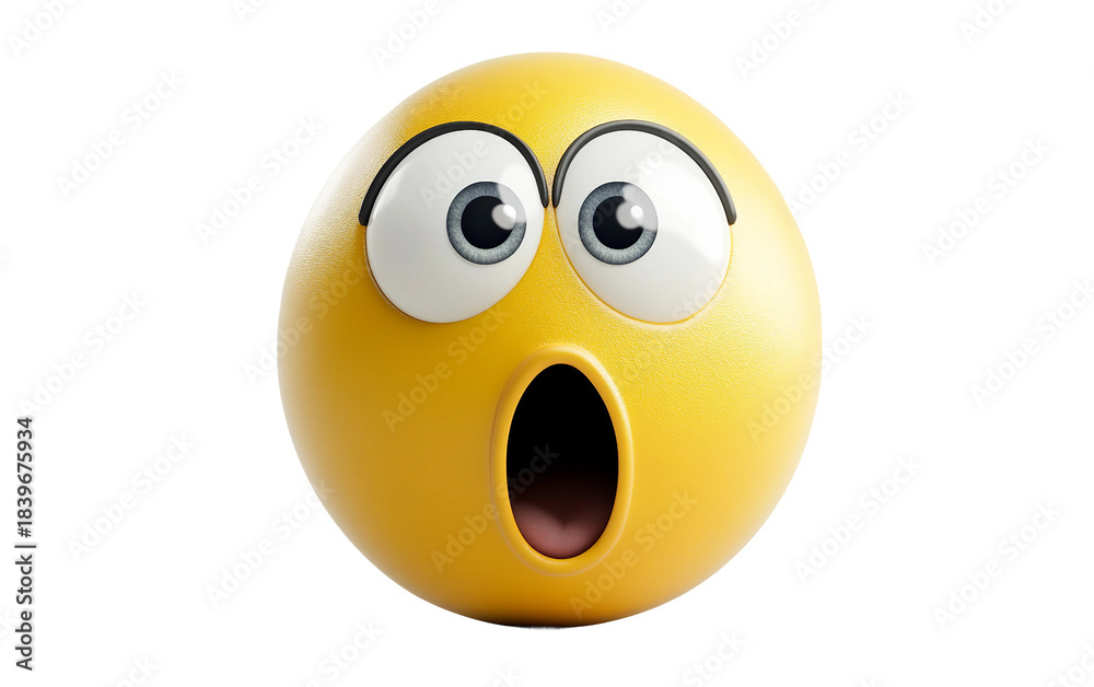 Fototapeta premium Realistic 3D surprised emoji face featuring a shocked look, big open eyes, and detailed lifelike facial structure isolated on transparent background PNG