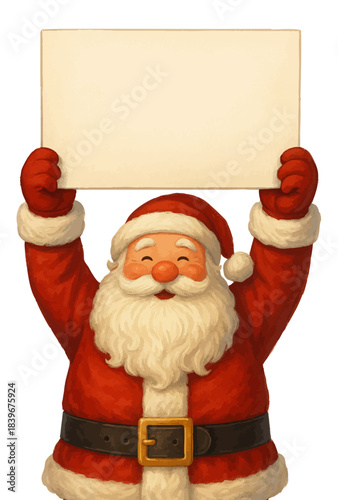 Santa Claus holding up a blank piece of paper, write a letter to Santa Claus. Isolated vector illustration on transparent background.
