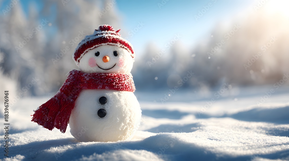 Fototapeta premium Charming miniature figure constructed of snow wears knitted winter accessories in a bright outdoor setting