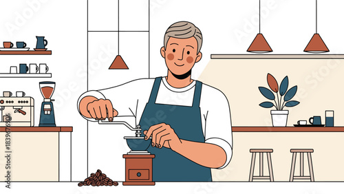 Flat modern vector barista grinding coffee beans with manual grinder in a clean contemporary layout. Ideal for café branding, tutorials, packaging, and specialty coffee content