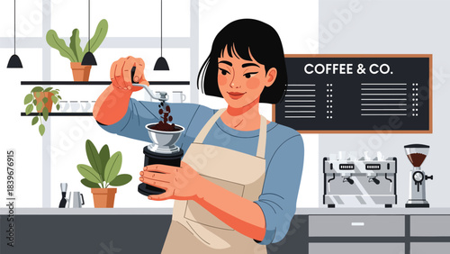 Flat modern vector barista grinding coffee beans with manual grinder in a clean contemporary layout. Ideal for café branding, tutorials, packaging, and specialty coffee content