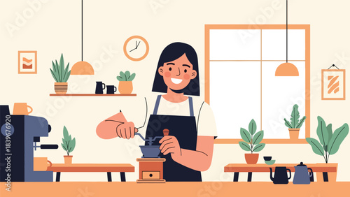 Flat modern vector barista grinding coffee beans with manual grinder in a clean contemporary layout. Ideal for café branding, tutorials, packaging, and specialty coffee content