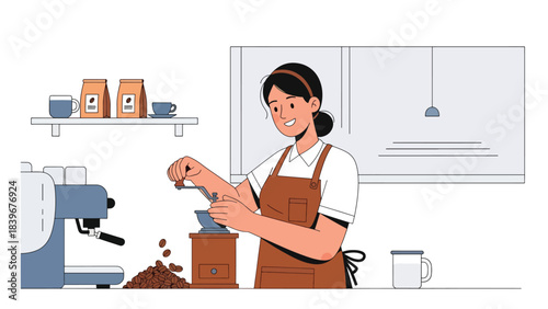 Flat modern vector barista grinding coffee beans with manual grinder in a clean contemporary layout. Ideal for café branding, tutorials, packaging, and specialty coffee content