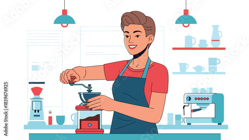 Flat modern vector barista grinding coffee beans with manual grinder in a clean contemporary layout. Ideal for café branding, tutorials, packaging, and specialty coffee content