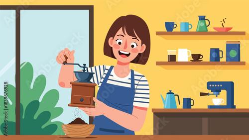 Flat modern vector barista grinding coffee beans with manual grinder in a clean contemporary layout. Ideal for café branding, tutorials, packaging, and specialty coffee content