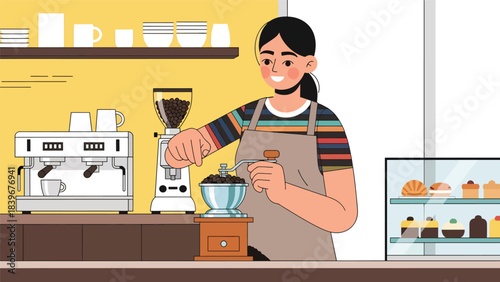 Flat modern vector barista grinding coffee beans with manual grinder in a clean contemporary layout. Ideal for café branding, tutorials, packaging, and specialty coffee content