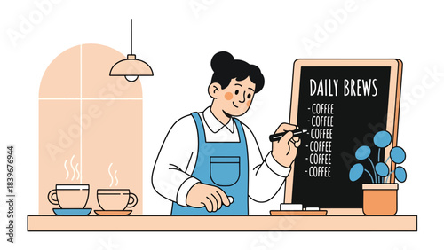 Flat modern vector of a barista handwriting the daily coffee menu on a chalkboard, ideal for café branding, signage concepts, and coffee shop marketing.