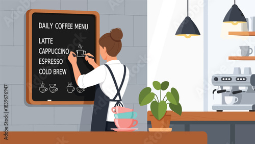 Flat modern vector of a barista handwriting the daily coffee menu on a chalkboard, ideal for café branding, signage concepts, and coffee shop marketing.