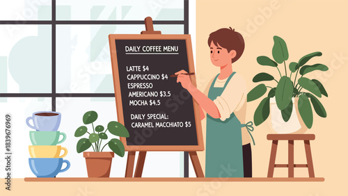 Flat modern vector of a barista handwriting the daily coffee menu on a chalkboard, ideal for café branding, signage concepts, and coffee shop marketing.