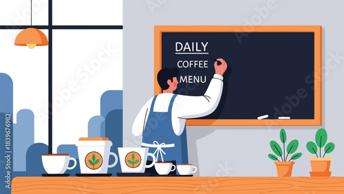 Flat modern vector of a barista handwriting the daily coffee menu on a chalkboard, ideal for café branding, signage concepts, and coffee shop marketing.