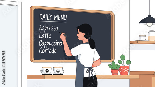 Flat modern vector of a barista handwriting the daily coffee menu on a chalkboard, ideal for café branding, signage concepts, and coffee shop marketing.