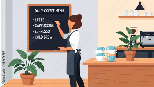 Flat modern vector of a barista handwriting the daily coffee menu on a chalkboard, ideal for café branding, signage concepts, and coffee shop marketing.
