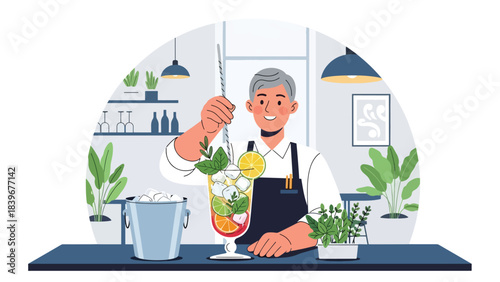 Flat modern vector of a bartender stirring a mocktail, ideal for non-alcoholic drink menus, bar tutorials, and mocktail branding