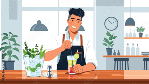 Flat modern vector of a bartender stirring a mocktail, ideal for non-alcoholic drink menus, bar tutorials, and mocktail branding