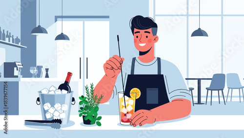 Flat modern vector of a bartender stirring a mocktail, ideal for non-alcoholic drink menus, bar tutorials, and mocktail branding