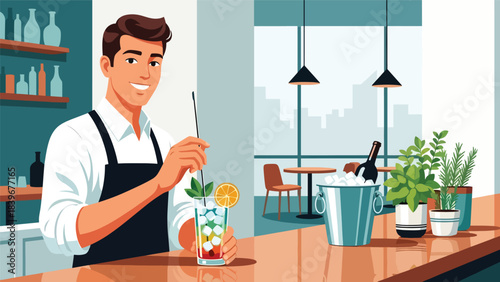 Flat modern vector of a bartender stirring a mocktail, ideal for non-alcoholic drink menus, bar tutorials, and mocktail branding