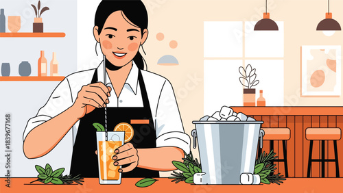 Flat modern vector of a bartender stirring a mocktail, ideal for non-alcoholic drink menus, bar tutorials, and mocktail branding