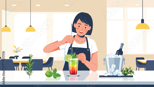 Flat modern vector of a bartender stirring a mocktail, ideal for non-alcoholic drink menus, bar tutorials, and mocktail branding