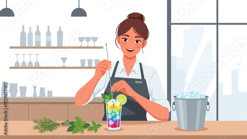Flat modern vector of a bartender stirring a mocktail, ideal for non-alcoholic drink menus, bar tutorials, and mocktail branding