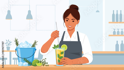 Flat modern vector of a bartender stirring a mocktail, ideal for non-alcoholic drink menus, bar tutorials, and mocktail branding