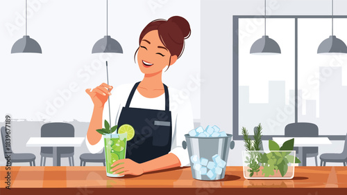 Flat modern vector of a bartender stirring a mocktail, ideal for non-alcoholic drink menus, bar tutorials, and mocktail branding