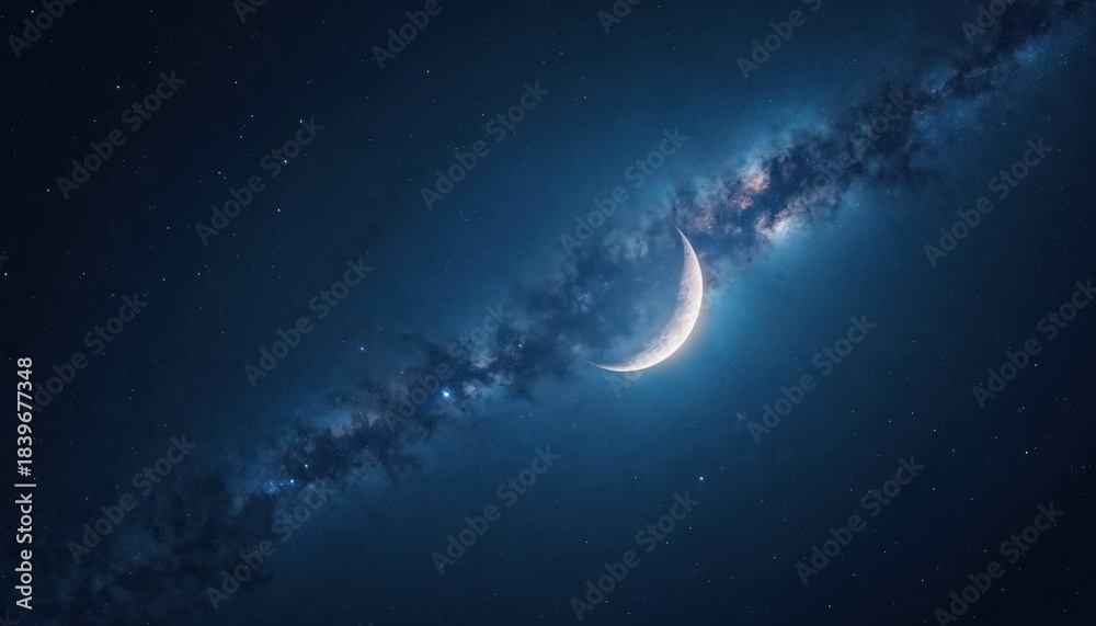 Fototapeta premium Crescent moon shines in dark blue night sky. Stars adorn night landscape. Milky Way illuminates heaven. Celestial scene evokes romantic, fantasy moods. Space exploration theme. Abstract art for