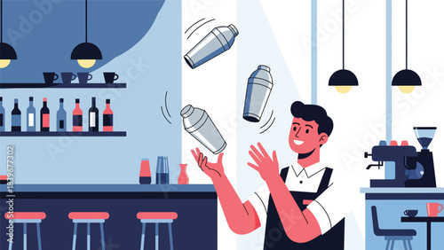 Flat modern vector of a bartender juggling cocktail shakers, ideal for bar shows, mixology entertainment, and nightlife branding