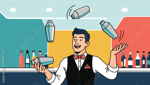 Flat modern vector of a bartender juggling cocktail shakers, ideal for bar shows, mixology entertainment, and nightlife branding