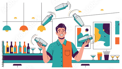 Flat modern vector of a bartender juggling cocktail shakers, ideal for bar shows, mixology entertainment, and nightlife branding