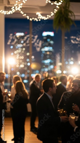 Elegant Corporate Event Rooftop Party in City Skyline with Networking & Cocktails