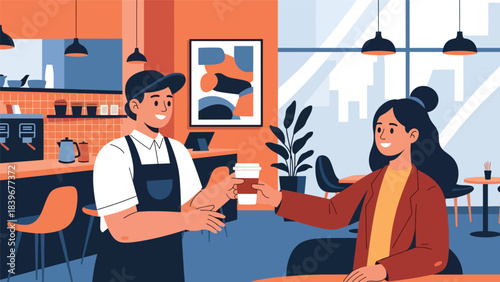 Flat modern vector of a barista offering a takeaway coffee cup, ideal for delivery apps, café promotions, and quick-service branding