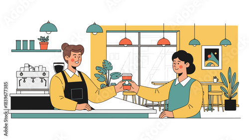 Flat modern vector of a barista offering a takeaway coffee cup, ideal for delivery apps, café promotions, and quick-service branding