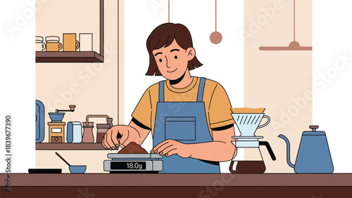 Flat modern vector of a barista weighing coffee grounds on a digital scale, ideal for brewing tutorials, café guides, and specialty coffee education