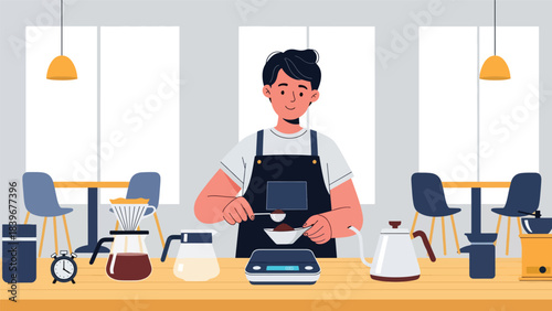 Flat modern vector of a barista weighing coffee grounds on a digital scale, ideal for brewing tutorials, café guides, and specialty coffee education