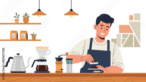 Flat modern vector of a barista weighing coffee grounds on a digital scale, ideal for brewing tutorials, café guides, and specialty coffee education